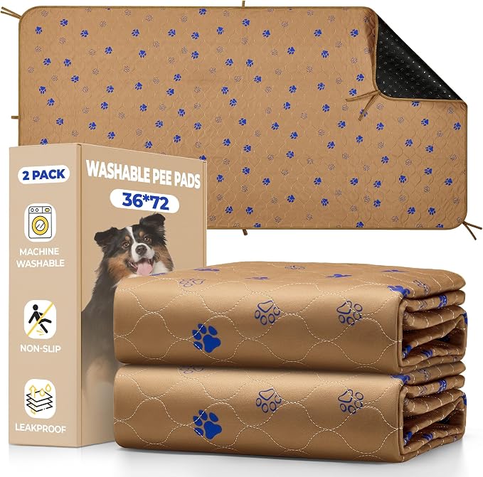 Fostanfly Washable Pee Pads for Dogs, Leak-Proof, 36"x72"-2 Pack, Brown | Ultra-Absorbent, Waterproof, Non-Slip, Large Reusable Pee Pads for Puppy Potty Training, Crate and Playpen with 8 Tie Straps