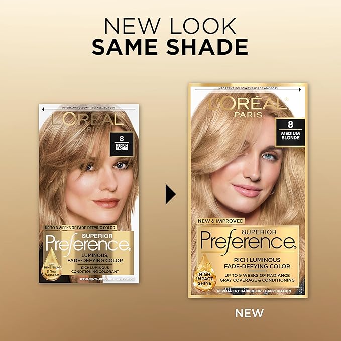 L'Oreal Paris Superior Preference Fade-Defying + Shine Permanent Hair Color, 8 Medium Blonde, Pack of 1, Hair Dye