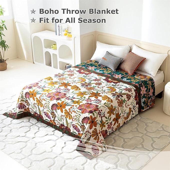 LUTBM Boho Throw Blanket for Bed 60"x80", 100% Cotton Cozy Couch Blankets | Reversible Floral Leave Jacquard, All-Season Twin Quilt, For Chair Sofa Living Room Decor, Lightweight Breathable, Home Decor