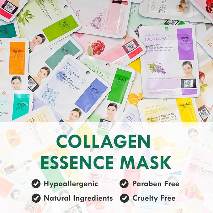 DERMAL Collagen Essence Sheet Mask 16 Combo Pack - 16 Days Daily Skin Therapy for Glow - Variety Gift Set - K-Beauty