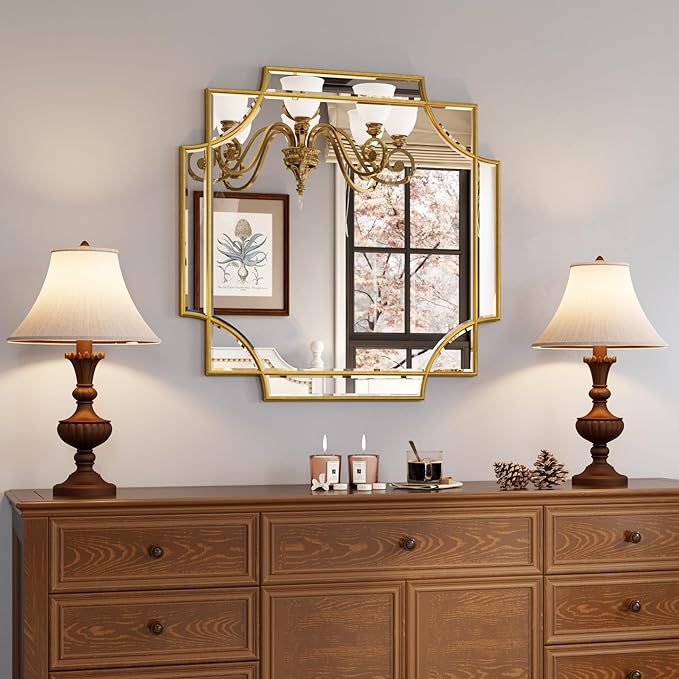 Kelly Miller 26"x26" Gold Foil Scalloped Edge Decorative Vanity Wall Mirror | Hand-Applied Gold Foil Finish. HD Mirror With French Cleat. Elegant Beveled Wall Mirror Decor For Bathroom Bedroom Entryway.