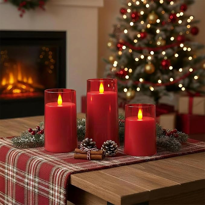 Raycare Independence Day Flameless Electronic Pillar Candles with Remote Timer- Battery Operated Realistic Flickering LED Fake Candle for 4th of July Patriotic Home Decor, Red,Set of 3(3"x4"5" 6")