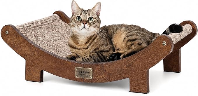 FUKUMARU Extra Large Sisal Cat Scratcher Bed Indoor Sturdy Wood Scratch Bed | 27.4 Inch Large Cat Scratching Bed Scratch Pad, 100% Natural Sisal Cat Hammock, Solid Wood Frame Lounger Chair Sofa