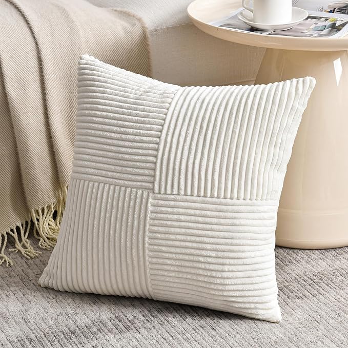 Fancy Homi Set of 1 Cream White Square Decorative Throw Pillow Covers 14x14 Inch for Living Room Bedroom Couch Bed Sofa, Soft Striped Corduroy Modern Rectangle Accent Cushion Case 35x35 cm