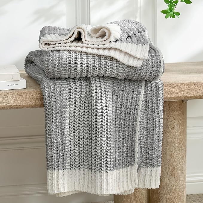 Premium Chenille Throw Blanket, Soft Cozy Luxury Two-Tone Knit Blanket for Couch, Sofa, Chair, Home Decor, Grey & Ivory 50"x60"