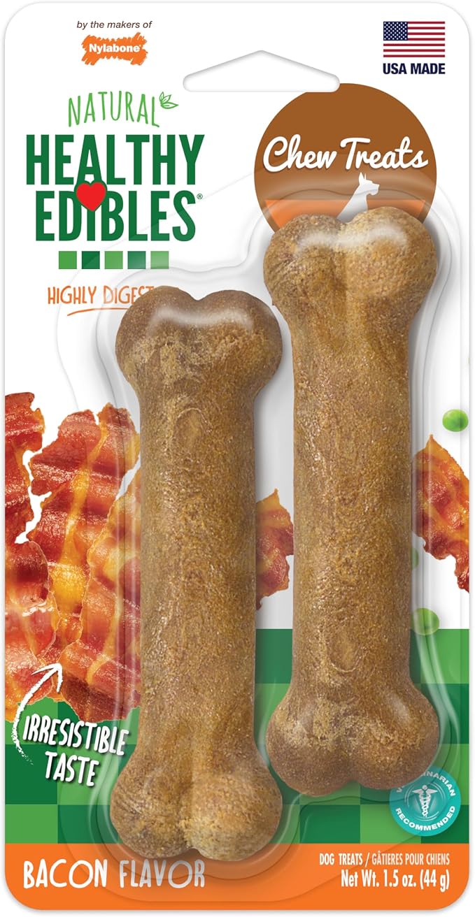 Nylabone Healthy Edibles Dog Treats, Bacon Flavor, X-Small, 2 Count | Natural dog chews, made in USA, highly digestible, vet recommended, long lasting chews for small dogs up to 15 lbs