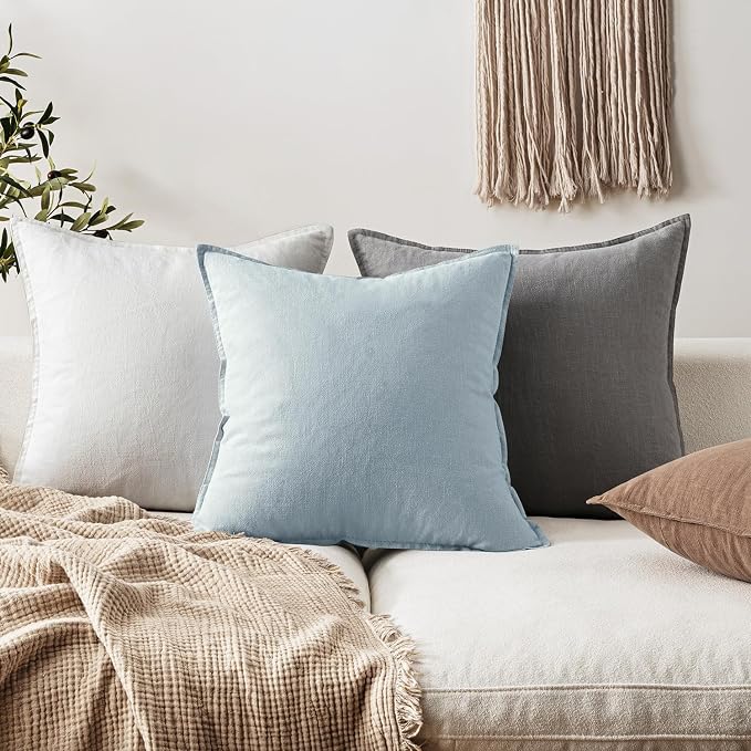 EMEMA Decorative Linen Throw Pillow Covers 20x20 Inch Light Blue | Boho Farmhouse Neutral Couch Throw Pillows for Bed Pack of 2 Accent Pillowcase Modern Sofa Cushion Livingroom Home Decor