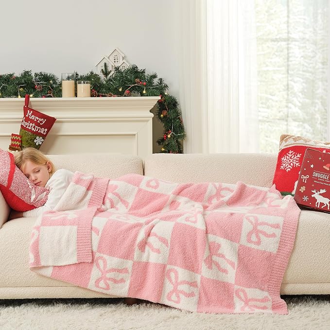 Snuggle Sac Bow Throw Blanket for Couch, Microfiber Fluffy Warm Cozy Fuzzy Reversible Checkered Blankets for Sofa, Chair, Bed, 50x60 inches for Wife Daughter Women Gift