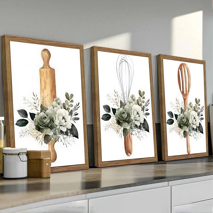 Modern Kitchen Canvas Wall Art Set of 3 – Framed Minimalist Floral Plant Wall Decor, Flowers Kitchen Utensil Posters Prints for Kitchen Dining Room Home Decor – 12x16in
