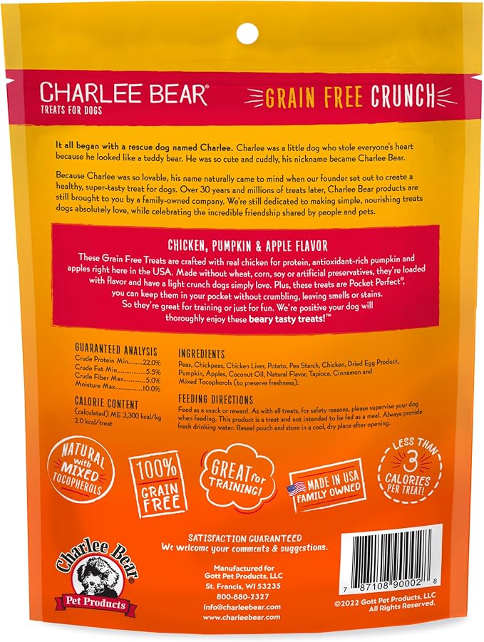 Charlee Bear Crunchy Dog Training Treats, Chicken Pumpkin Apple, 8oz 2-Pack | Low Calorie 3 cal, Grain Free, Natural Mini Treats, For Puppies Small Medium Large Dogs, USA Made