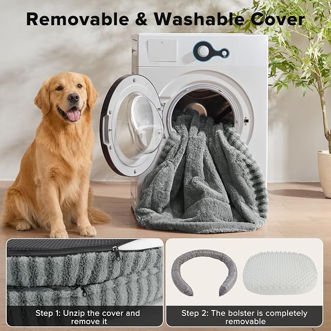MIXJOY Orthopedic Dog Beds Large Sized Dog,Extra Large Washable Dog Bed Waterproof Oval Dogs Bed with Removable Cover,Egg-Crate Foam Big Pet Bed Couch with Bolster,Non-Slip Bottom,XL 42"X32",Grey