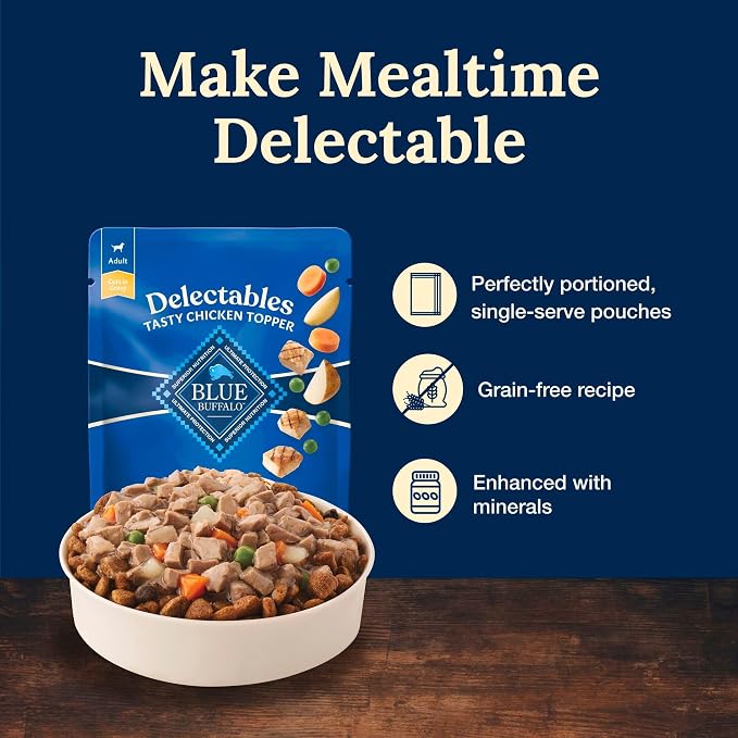 Blue Buffalo Delectables Chicken Grain-Free Dog Food Topper, 3 oz, 24 ct | Grain-Free, Real Chicken Cuts in Gravy, Single-Serve Pouches, No Corn, Wheat, or Soy