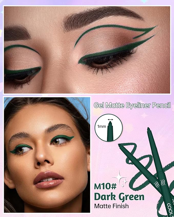 Green Gel Eyeliner Pencil,Retractable Cream Matte Eye Liner Pencils,Waterline Eye Makeup Liners,Waterproof & Smudge Proof Eyeliner Facial Makeup Gift for Mature Women,Girls, Christmas – M10 Dark Green