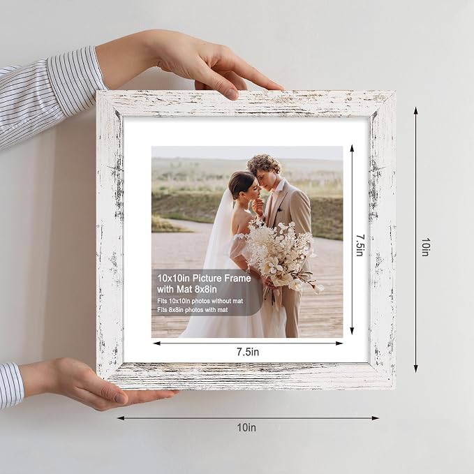 Hongkee 10x10 Picture Frame Set of 4, Made of Glass and Distressed White Wooden Frame - Display Picture 8x8 with Mat or 10 x 10 Without Mat, 10 by 10 Photo for Wall or Tabletop