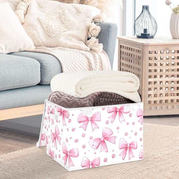 Bows and Polka Dots Storage Bins with Lids and Carrying Handle,Foldable Storage Boxes Organizer Containers Baskets Cube with Cover for Home Bedroom Closet Office