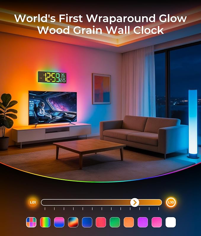 EASYERA 16.5" Large Digital Wall Clock BT Sync, 11 Scenes Mode Beige Clock | Remote Control, Big LED Clock with Dual Alarms, Auto DST, Temperature for Classroom Gaming