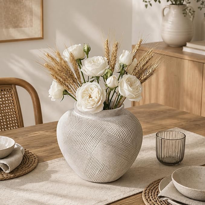 DREAMLOOM 9.3 Inch Flat Ceramic Flower Vase, Cream Grey | Textured, Farmhouse Vintage, Pottery Terracotta, Home Decor, Living Room Dining Table Wedding Centerpieces