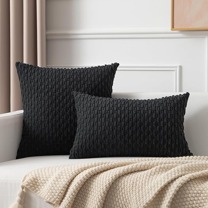 Kevin Textile Soft Corduroy 16"x24" Lumbar Pillow Cover 1 Pack, Black | Boho Stripe Plush Corduroy Decorative Oblong Cushion Cover Modern Farmhouse Home Decor for Sofa Couch Bed Chair