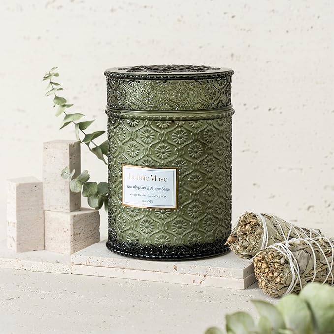 LA JOLIE MUSE Eucalyptus Sage Fresh Scented Candles for Home, 19 oz Soy Wax | Large Jar Luxury Candle, Clean Non Toxic, Gift for Women & Men, Relaxing Aromatherapy Candle, Decorative Candles, Wood Wick