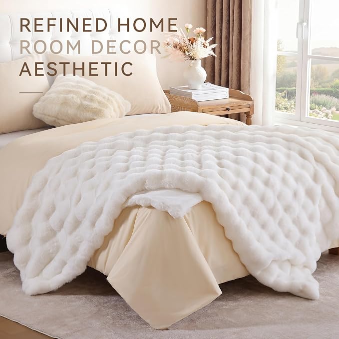 Faux Rabbit Fur Throw for Couch - Cream White Bubble Blanket 50"x60" | Fluffy Plush Fuzzy Throw for Sofa & Bed, Super Soft Cozy Comfrt Blanket, Luxury Aesthetic White Decor Gift for Women