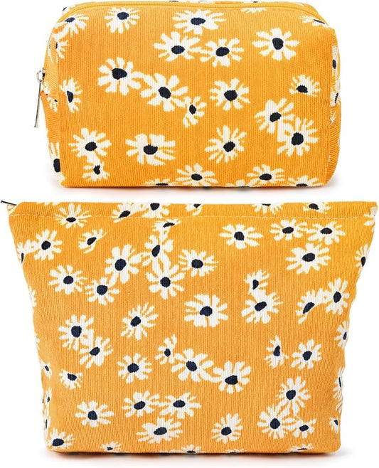 SOIDRAM 2 Pieces Flower Makeup Bag Large Cosmetic Bag Capacity Canvas Mix Travel Toiletry Bag Organizer Cute Makeup Brushes Aesthetic Accessories Storage Bag for Women,Little Flower Mix Yellow