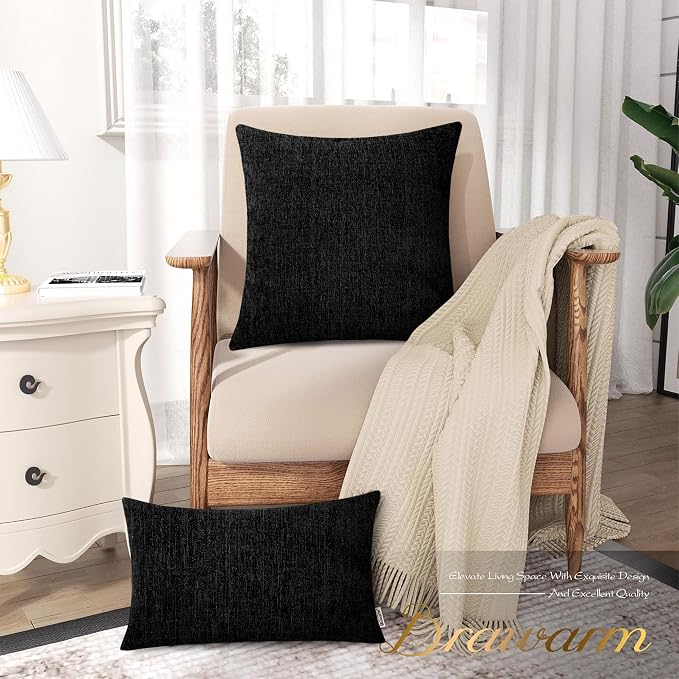 BRAWARM Throw Pillow Covers 12x20 Inches - Black Chenille Lumbar Pillow Covers Pack of 2, Solid Dyed Soft Chenille Pillow Cases for Couch Sofa Bed Home Decoration