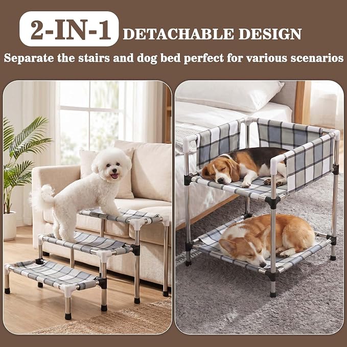 Bedside Dog Bunk Bed with Guardrail & Stairs, Elevated Double Pet beds | Window Perch Sleeper Raised Cosleeper 2 layers Double Stainless Steel Removable Small Multiple