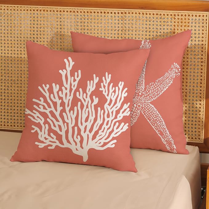 Orange Starfish Pillow Covers 16x16 Inch Set of 2, Nautical Ocean Coastal Coral Throw Pillows Spring Summer Decorations Linen Pillowcase Outdoor Decor Farmhouse Cushion Case for Home Holiday