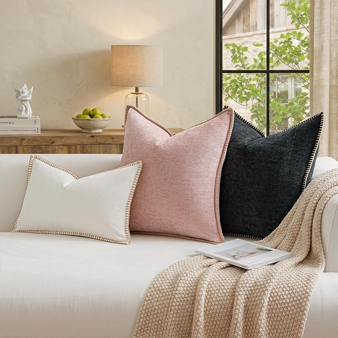 a moment Pack of 2 Decorative Chenille Throw Pillow Covers with Twill Cushion Covers for Sofa Living Room Couch Bed 16x16 Inch,Crafted Border Blush Pink