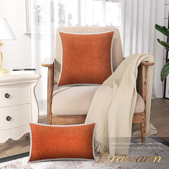 BRAWARM Chenille Throw Pillow Covers 16x16 Inches, Burnt Orange, 2 Pack | Decorative Pillow Covers with Shell Edge, Soft Cushion Cases for Sofa Bed Living Room Home Farmhouse (No Insert)