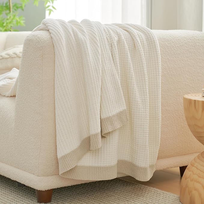 Chenille Throw Blanket, Soft Cozy Waffle Throw for Couch & Sofa, Warm Yet Lightweight, Breathable All-Season Throws for Women Men, Housewarming, Birthdays, 50"x60", Ivory