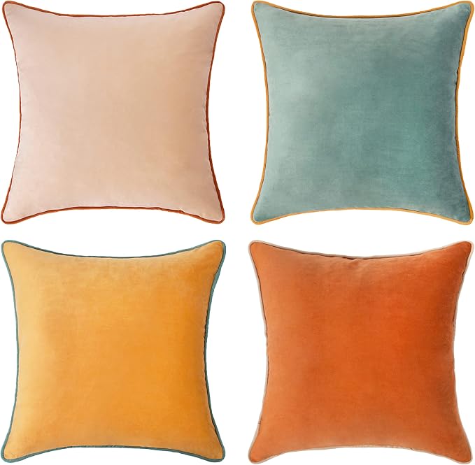 MONDAY MOOSE Decorative Throw Pillow Covers Cushion Cases, Set of 4 Soft Velvet Modern Double-Sided Designs, Mix and Match for Home Decor, Pillow Inserts Not Included (26x26 inch, Orange/Teal)