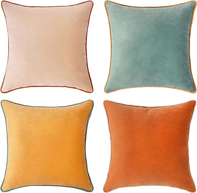 MONDAY MOOSE Decorative Throw Pillow Covers Cushion Cases, Set of 4 Soft Velvet Modern Double-Sided Designs, Mix and Match for Home Decor, Pillow Inserts Not Included (14x14 inch, Orange/Teal)