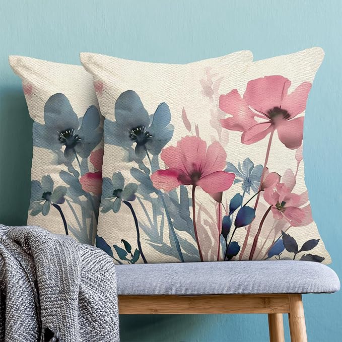 Spring Floral Pillow Covers 18x18 Inches Set of 2 Pink Blue Floral Throw Pillow Covers Outdoor Rustic Summer Flower Decor Pillowcase Farmhouse Decorative Square Cushion Cover for Sofa Couch