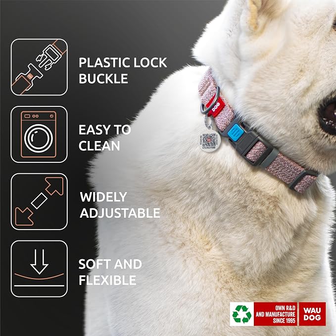 WAUDOG Reflective Cotton Dog Collar Eco-Friendly Alt to Nylon Collar for Small Medium and Large Dogs - Pet Collar with QR ID Tag - Puppy Collar for Large Breed Dogs - Adjustable Male Female Dog Collar