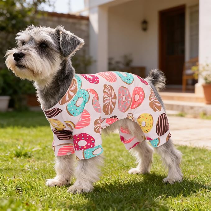 Dog Pajamas Comfy Dog Clothes for Small Dogs, 100% Cotton Dog Pjs Stretchy Breathable, Comfy Soft Pet Onesie Designed for Extra Small Sized Dogs Boy Girl Pet Jammies Outfits (Donuts, Medium)