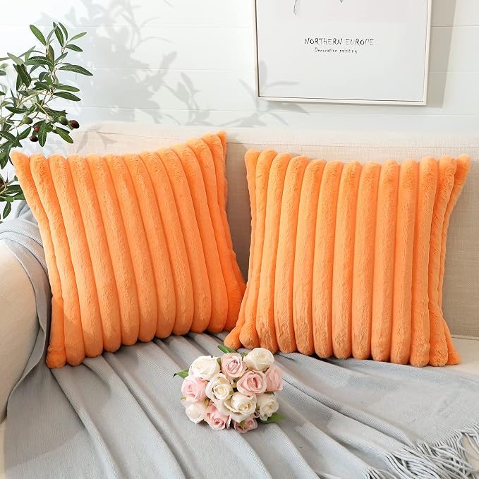 Soleebee Set of 2 Throw Pillow Covers Soft Cozy Velvet Pillowcase Faux Rabbit Fur Cover for Couch Sofa Bed Chair Home Decorative Pillows Cover (16x16 Inch, Orange)