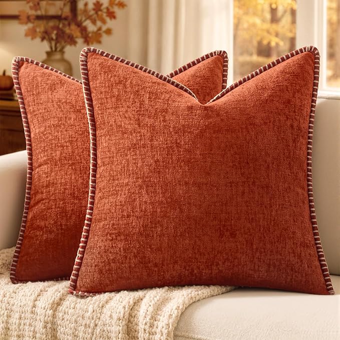 MIULEE Fall Decorative Couch Throw Pillow Covers 20x20 Inch Rust 2 Pack | Terracotta Farmhouse Pillow Covers with Stitched Edge, Soft Chenille Cushion Cases, Sofa Bed Living Room Home Decor