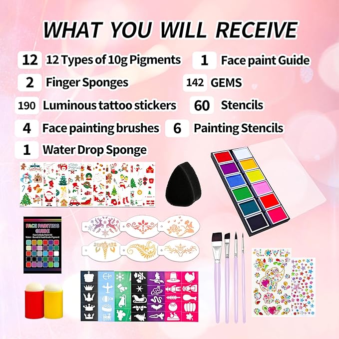 Face Painting Kit for Kids & Adults,12 x 10g Non Toxic, Water Based Face Paint Palette, With Glow Stickers, Stencils & Brushes,for Cosplay,Parties, Theater,Stage,Christmas & Halloween Makeup Kit