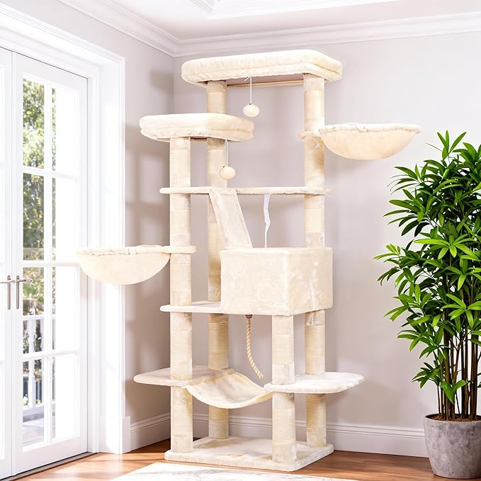 Heybly Cat Tree, 68 inch Multi-Level Cat Tower for Indoor Cats HCT025M | Cat Condo with 2 Widened Plush Perches, 2 Cozy Baskets, Scratching Board and Big Caves, Beige