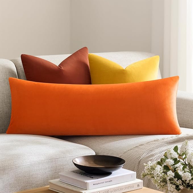 Throw Pillow Covers Lumbar 14x36 Inch Velvet Pillow Covers, Soft Decorative Orange Pack of 1 Long Pillow Case for Couch Cushion Chair Sofa Bed Living Room, Home Boho Decor
