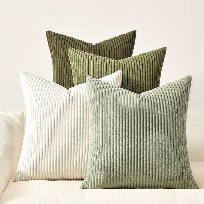 Topfinel Boho Farmhouse Green White Throw Pillow Covers 16x16 Inch Set of 4 Mordern Nordic Cushion Covers Soft Corduroy Spring Home Decor for Couch Bed Sofa Living Room Forest Green