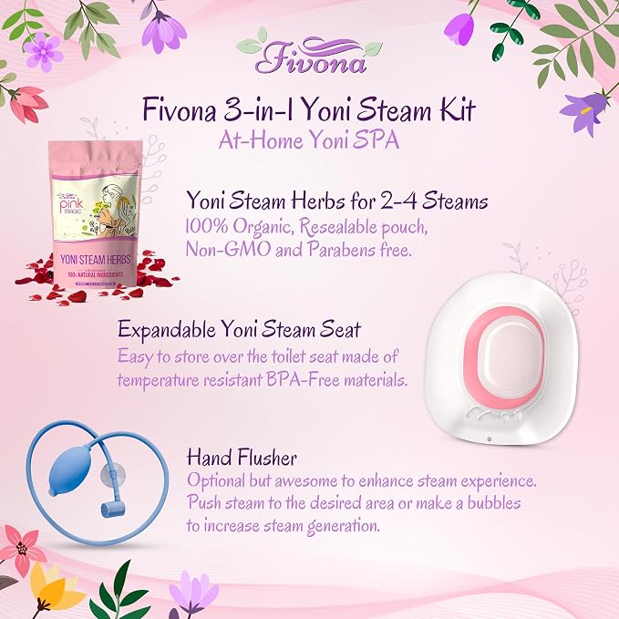 Fivona 3-in-1 Yoni Steaming Kit - Expandable V Steam Seat and All Natural Herbal Blend for 2-4 Yoni Steam Sessions - Hand Flusher - Supports pH Balance, Gentle Cleansing, and Relaxation, Yoni Detox