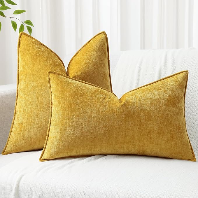 decorUhome Chenille Mineral Yellow Throw Pillow Covers 12x20 Set of 2 | Fall Soft Lumbar Couch Decorative Modern Velvet Pillow Cases with Elegant Design for Sofa Bed Living Room Home Decor
