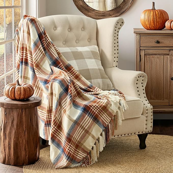 Plaid Chenille Fall Throw Blanket, 50"x60", Harvest Plaid | Super Soft Knit Throw with Tassels, Cozy, Decorative Rustic Farmhouse Decor for Autumn, Ideal for Couch Bed Sofa Gift