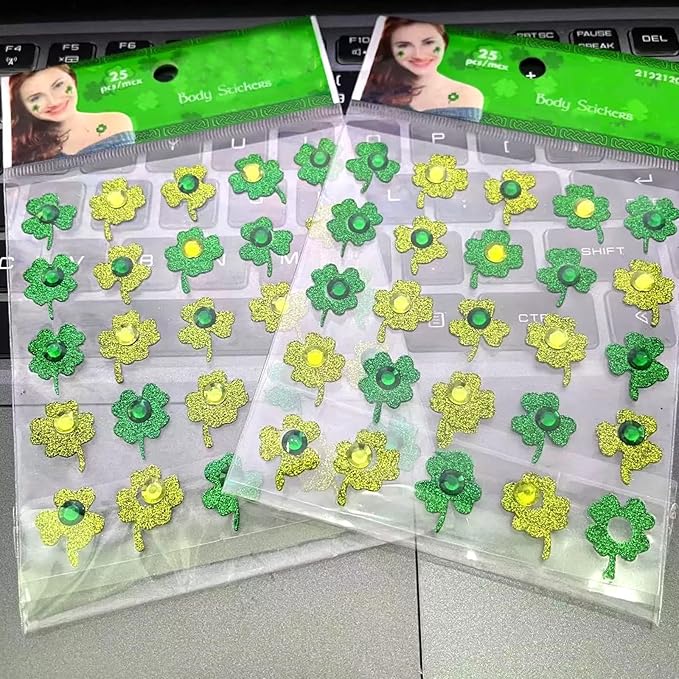 50 Pcs Glitter St. Patrick's Day Face Gems, Green Shamrock Face Jewels with Gold Glitter, Self-Adhesive Face & Body Gems for Festival Party, Irish Theme Makeup Supplies