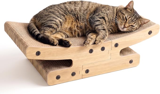 Reversible Cat Scratcher Bed, Large Cardboard Scratching Board for Indoor Cats - Durable Cat Scratcher Lounge Hammock Furniture, Natural Wood Color, Protects Furniture from Scratching