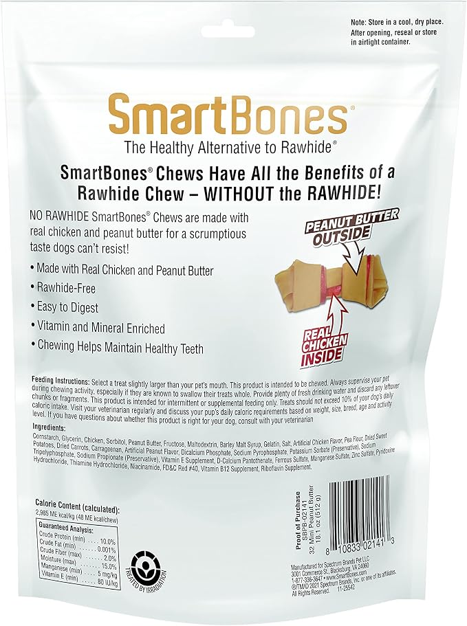 SmartBones Mini Bones Rawhide-Free Dog Treat, Real Peanut Butter, 32 Count | With With Real Chicken & Peanut Butter, Easy To Digest Chew With Vitamins & Minerals, Supports Dental Health, For Small Dogs