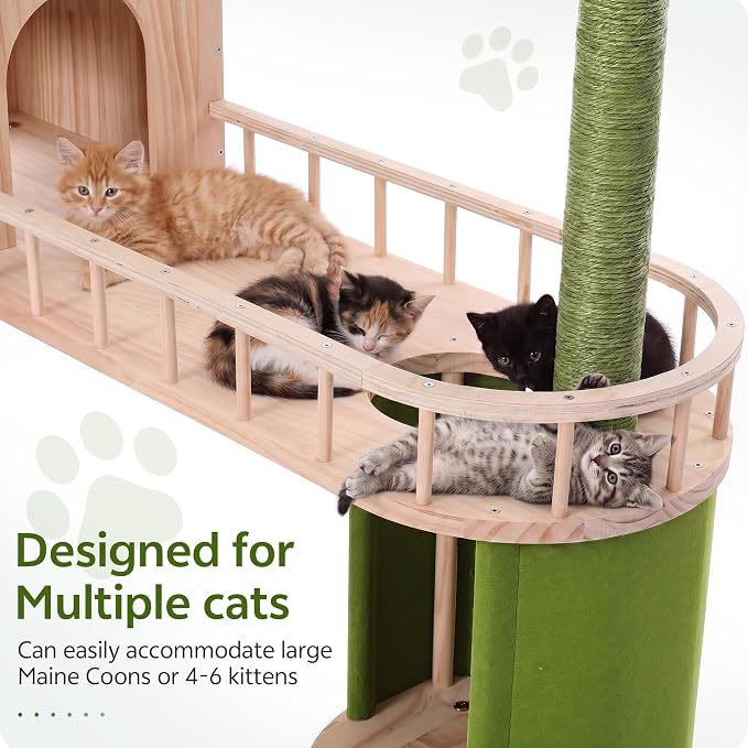 Wood Cat Tower for Self-Cleaning Litter Box, with Faux Plant, 58In | Multi-Level Cat Tree for Adult Large Cats, with Cozy Plush Bed, House, Scratching Posts, Cat Furniture for Indoor Cats, Green