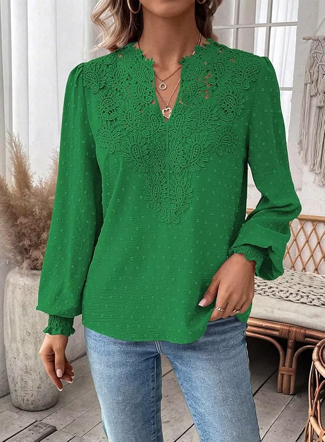 Womens Tops Swiss Dot Boho Long Sleeve Shirts V Neck Casual Chiffon Blouses Flowy Lace Hem Cute Clothing Trendy 2026